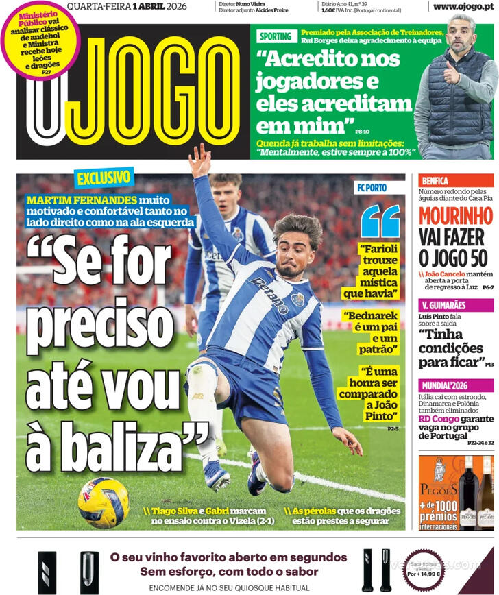 Capas dos jornais desportivos de 1 de Abril de 2026 4 Capa - O Jogo