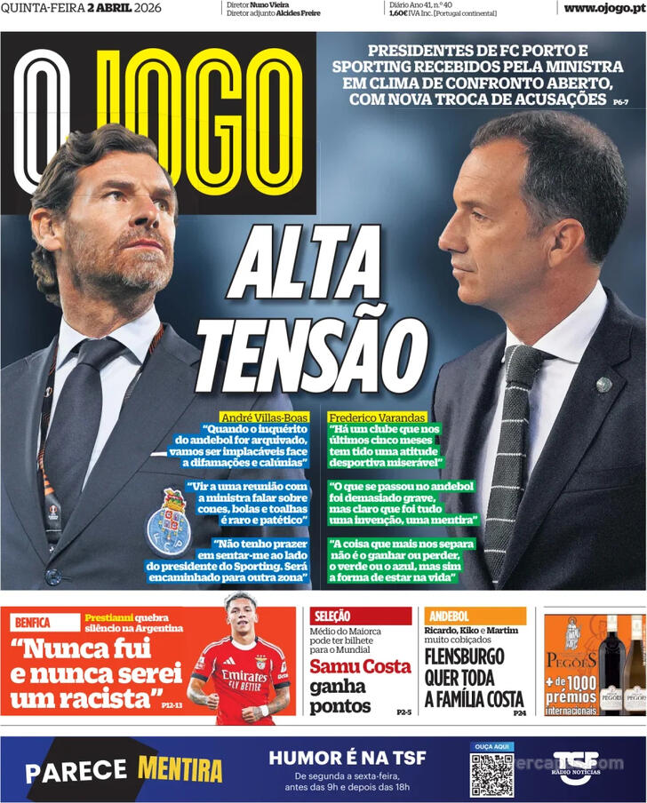 Capas dos jornais desportivos de 2 de Abril de 2026 4 Capa - O Jogo