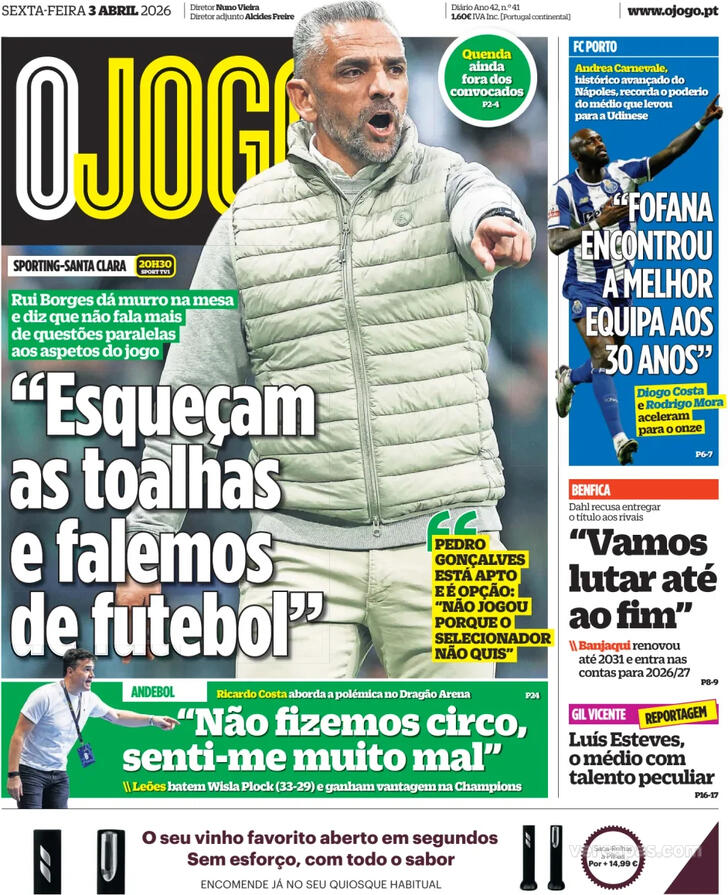 Capas dos jornais desportivos de 3 de Abril de 2026 4 Capa - O Jogo