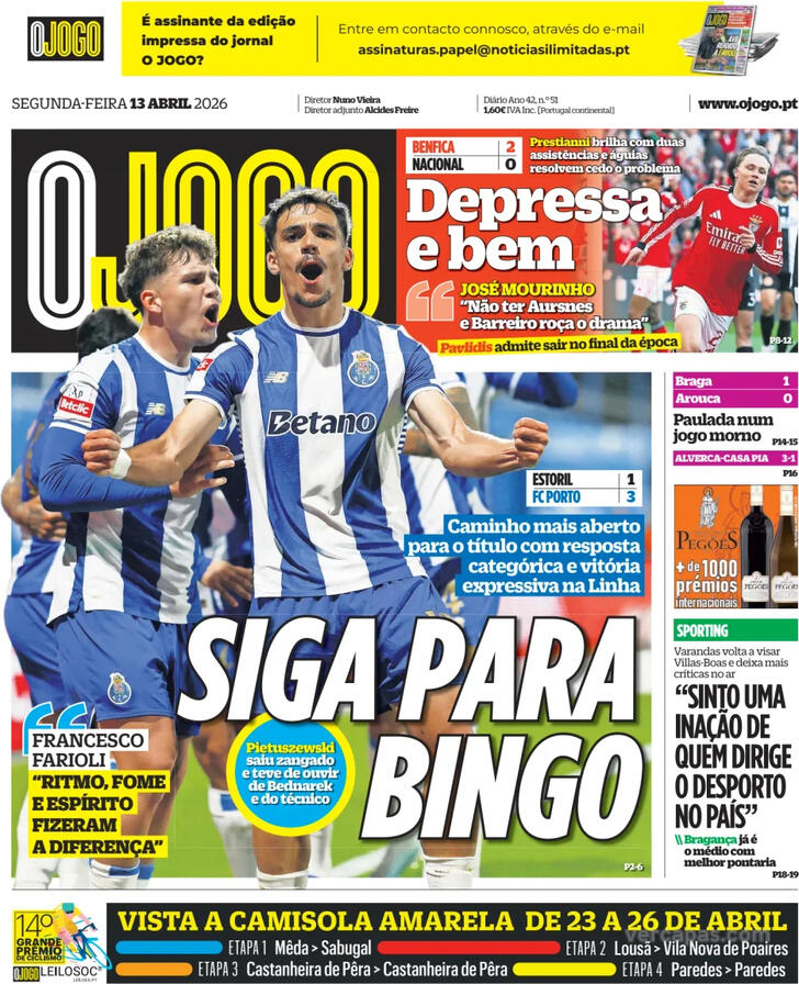 Capas dos jornais desportivos de 13 de Abril de 2026 4 Capa - O Jogo