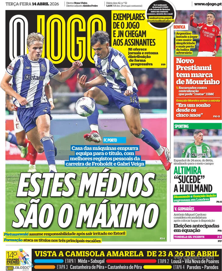 Capas dos jornais desportivos de 14 de Abril de 2026 4 Capa - O Jogo