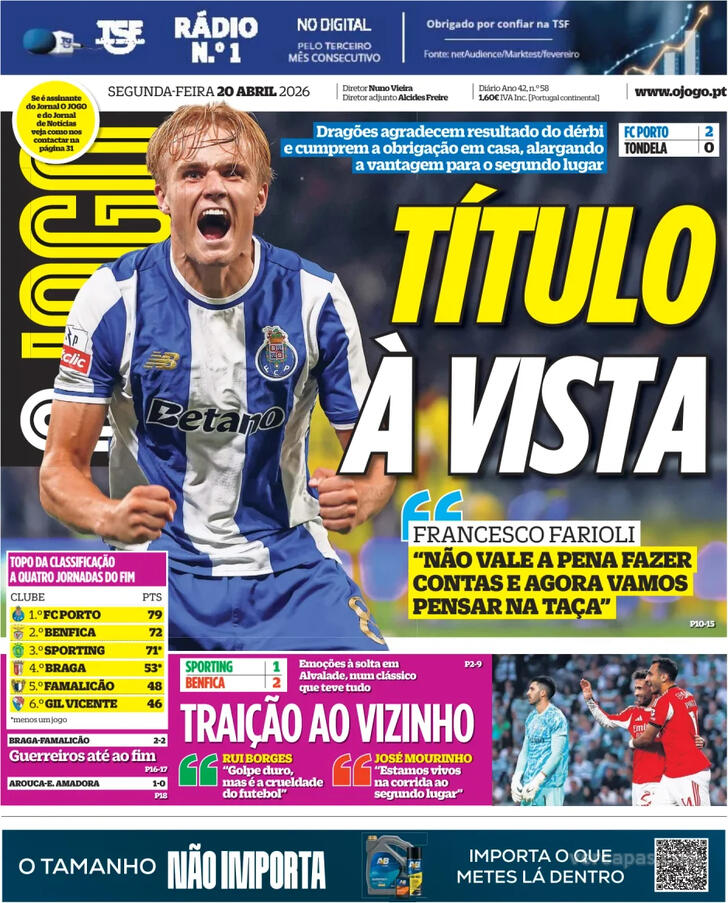 Capas dos jornais desportivos de 20 de Abril de 2026 4 Capa - O Jogo