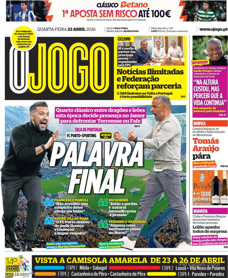 Capas dos jornais desportivos de 22 de Abril de 2026 4 Capa - O Jogo