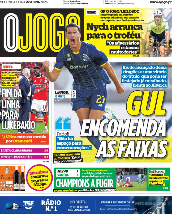 Capas dos jornais desportivos de 27 de Abril de 2026 4 Capa - O Jogo