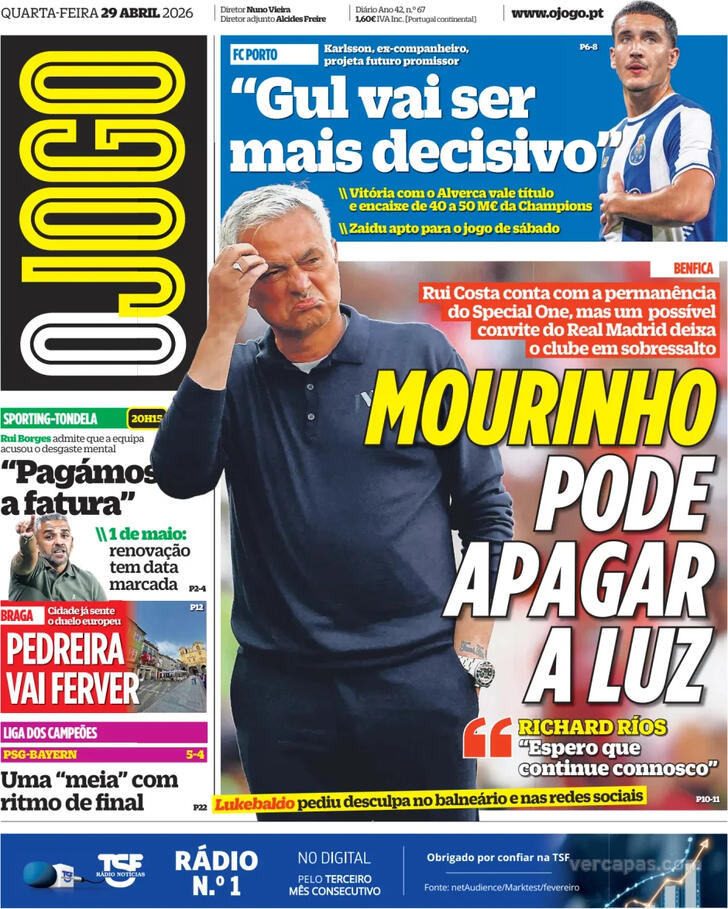 Capas dos jornais desportivos de 29 de Abril de 2026 4 Capa - O Jogo