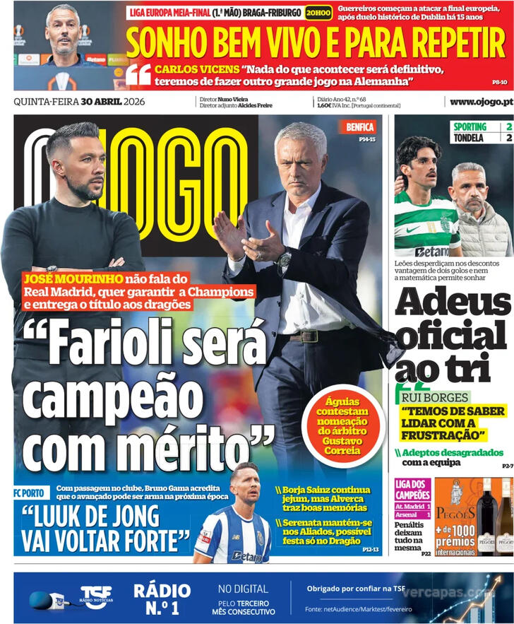 Capas dos jornais desportivos de 30 de Abril de 2026 4 Capa - O Jogo