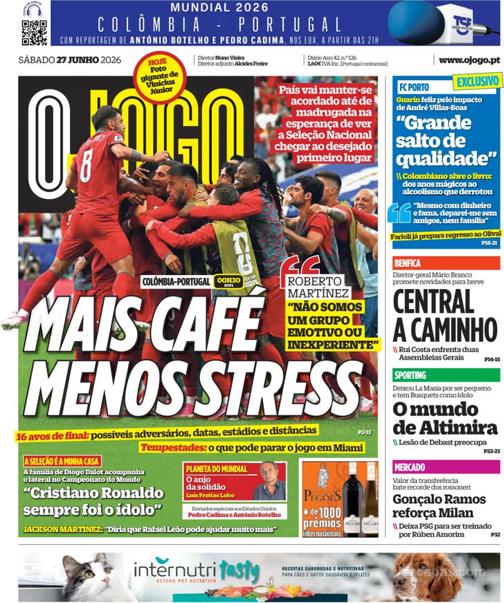 Capas dos jornais desportivos de 27 de Junho de 2026 4 Capa - O Jogo