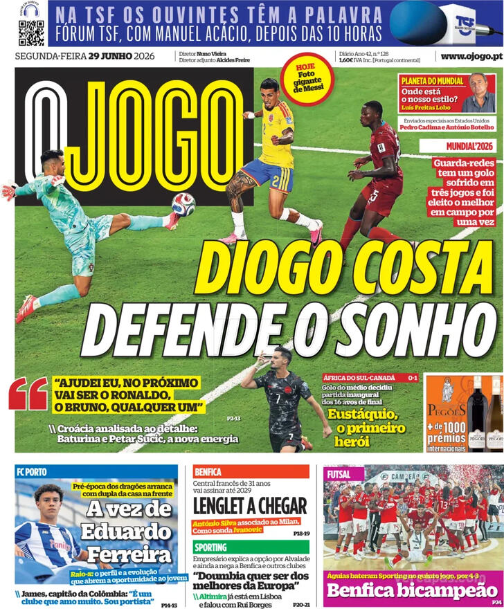 Capas dos jornais desportivos de 29 de Junho de 2026 4 Capa - O Jogo