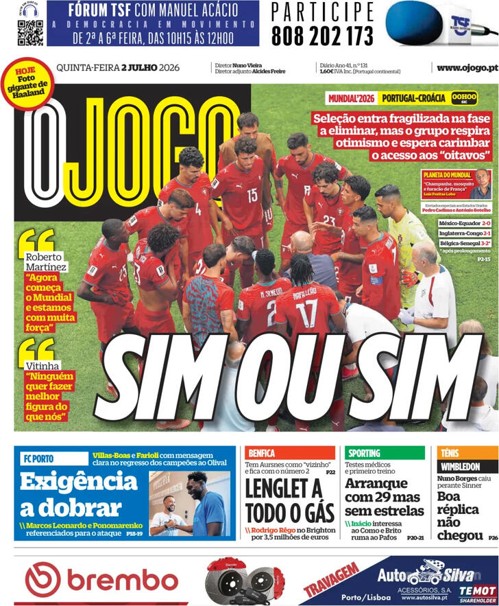 Capas dos jornais desportivos de 2 de Julho de 2026 4 Capa - O Jogo