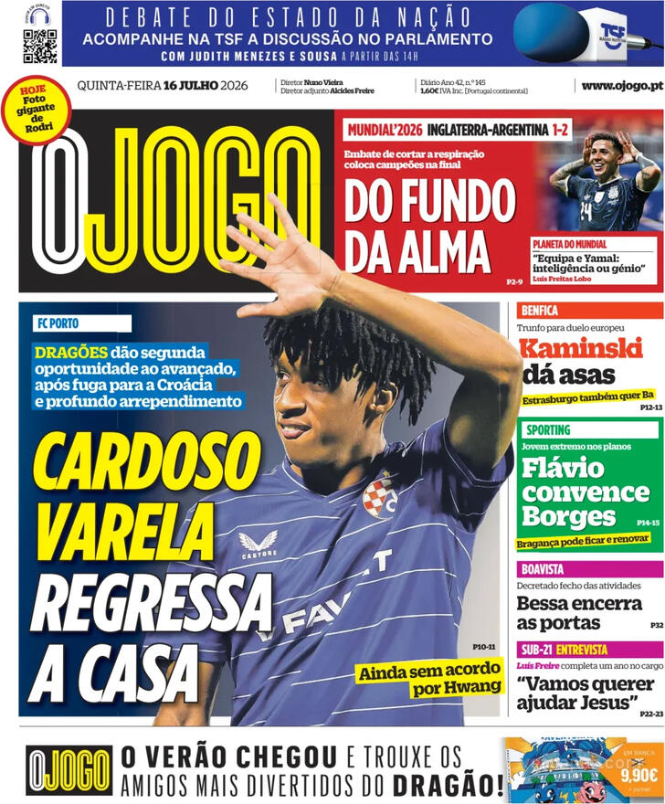 Capas dos jornais desportivos de 16 de Julho de 2026 4 Capa - O Jogo