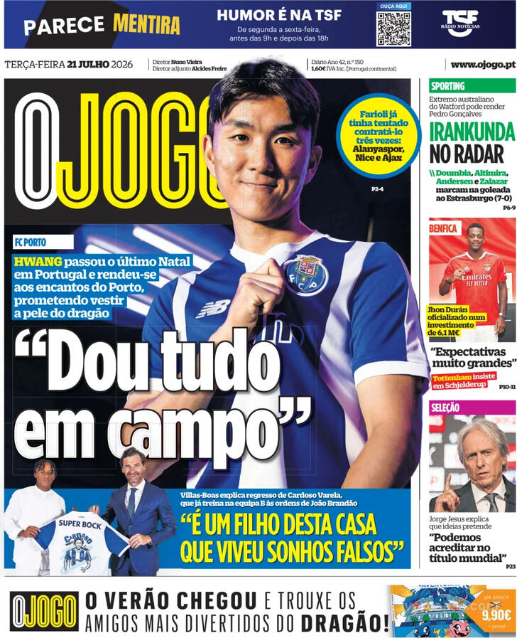 Capas dos jornais desportivos de 21 de Julho de 2026 4 Capa - O Jogo