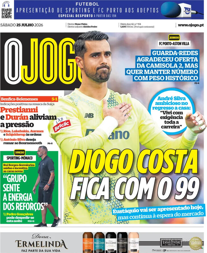 Capas dos jornais desportivos de 25 de Julho de 2026 4 Capa - O Jogo