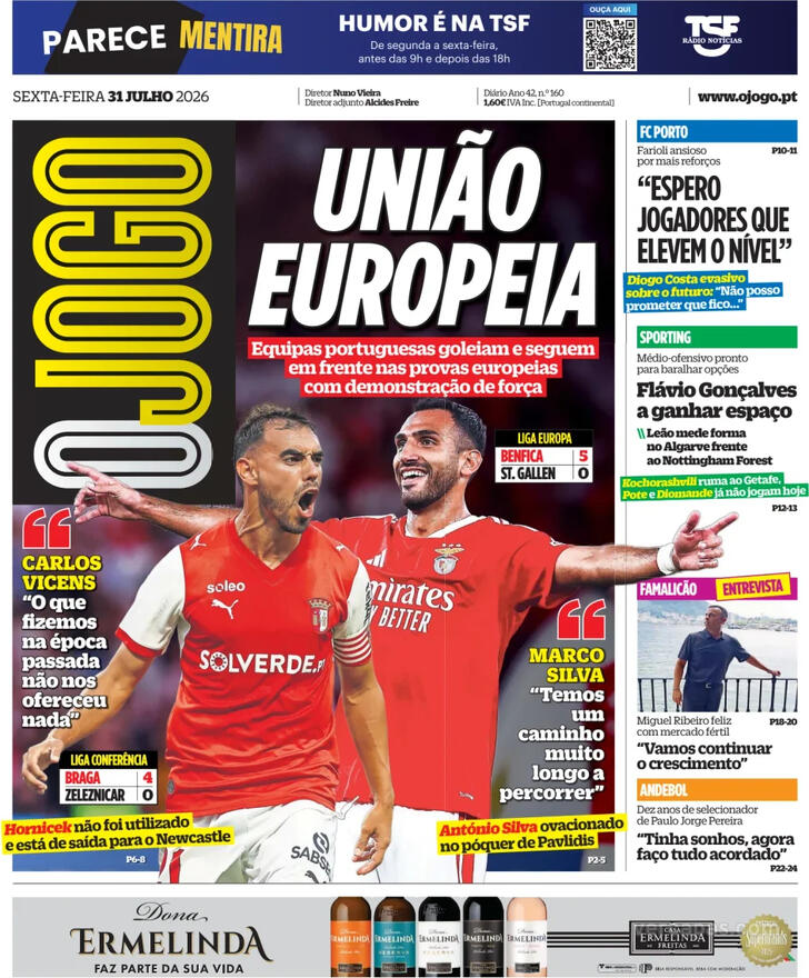 Capas dos jornais desportivos de 31 de Julho de 2026 4 Capa - O Jogo