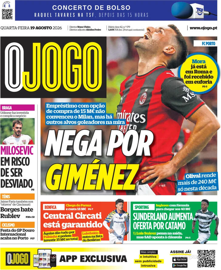 Capas dos jornais desportivos de 19 de Agosto de 2026 4 Capa - O Jogo