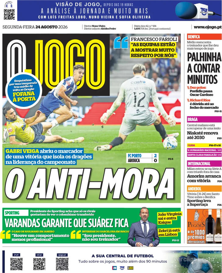 Capas dos jornais desportivos de 24 de Agosto de 2026 4 Capa - O Jogo