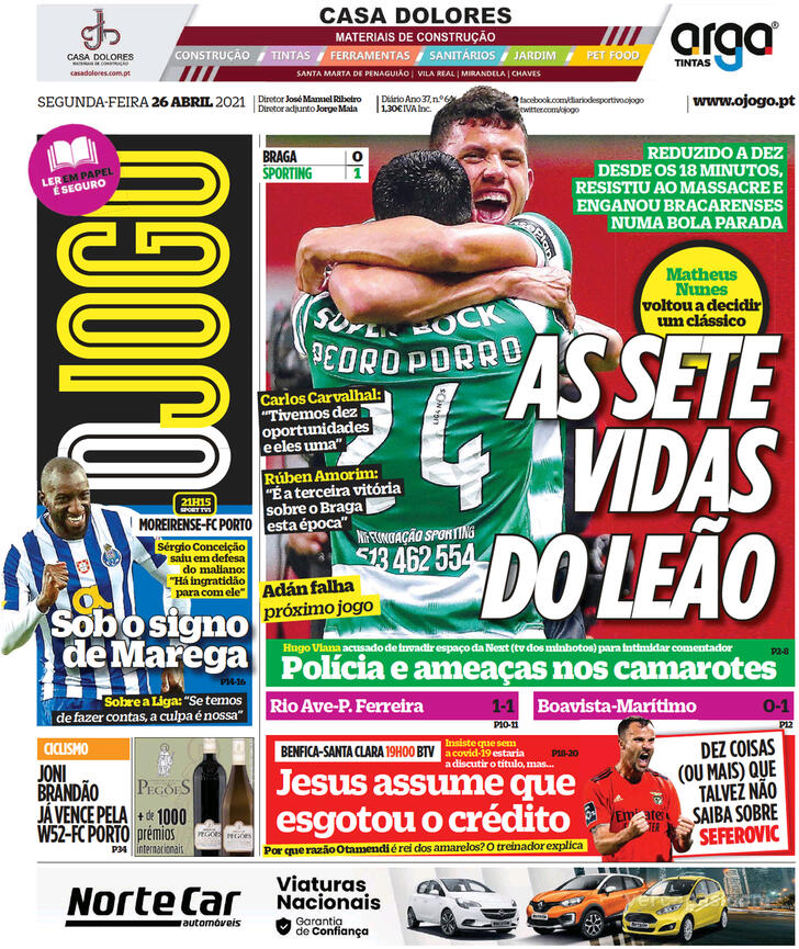 Capa - Jornal O Jogo - capa de hoje
