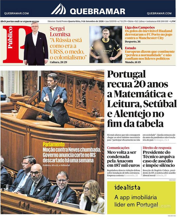 Capa do jornal Público