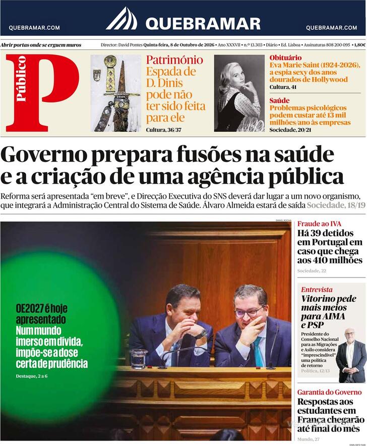 Capa do jornal Público