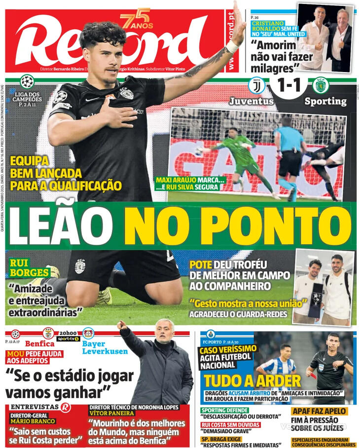 Capas dos jornais desportivos — 5 de Novembro de 2025 3 Capa - Record