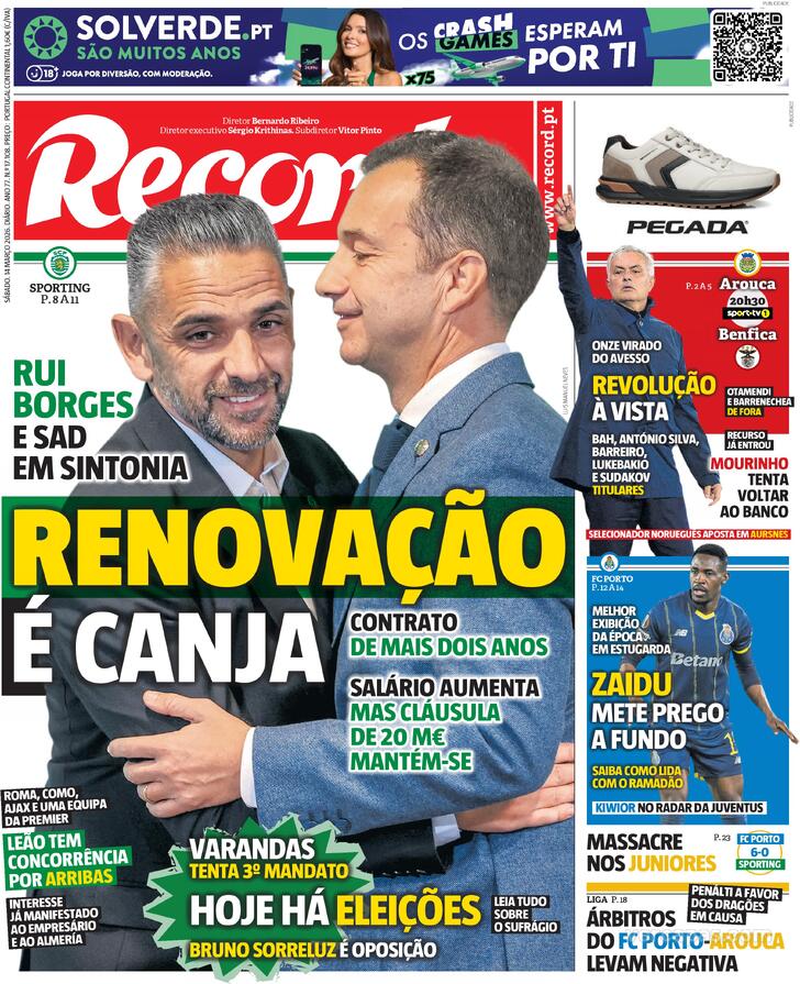 Capas dos jornais desportivos — 14 de Março de 2026 3 Capa - Record