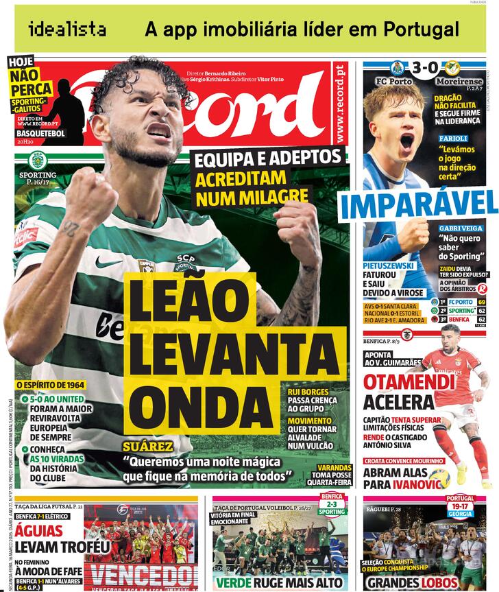 Capas dos jornais desportivos — 16 de Março de 2026 3 Capa - Record