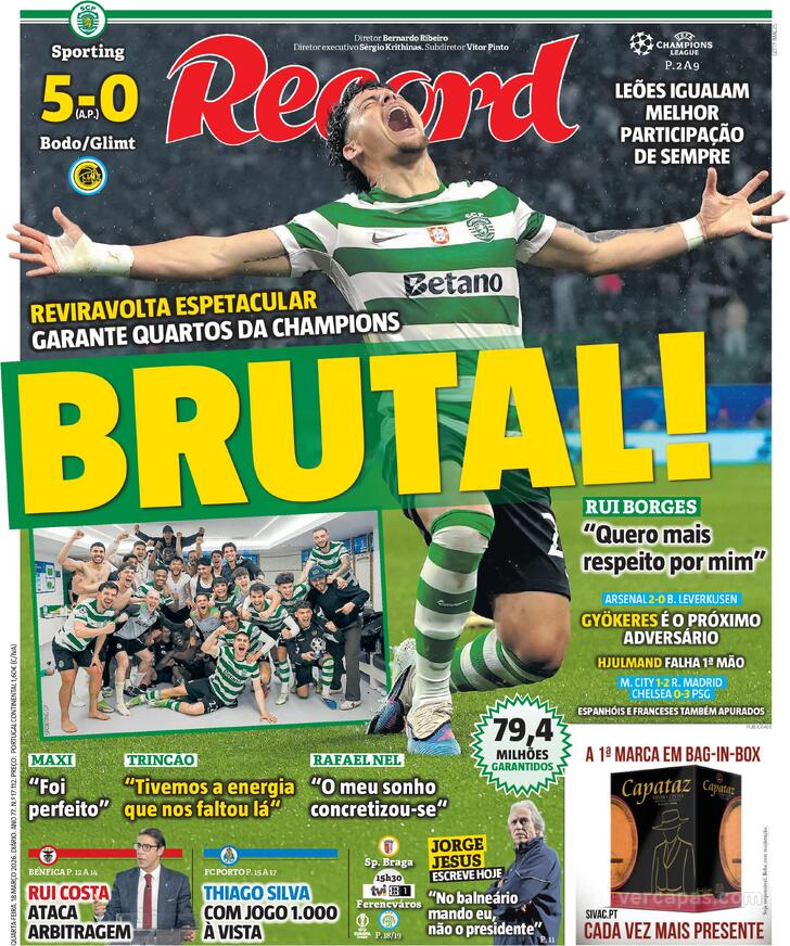 Capas dos jornais desportivos — 18 de Março de 2026 3 Capa - Record