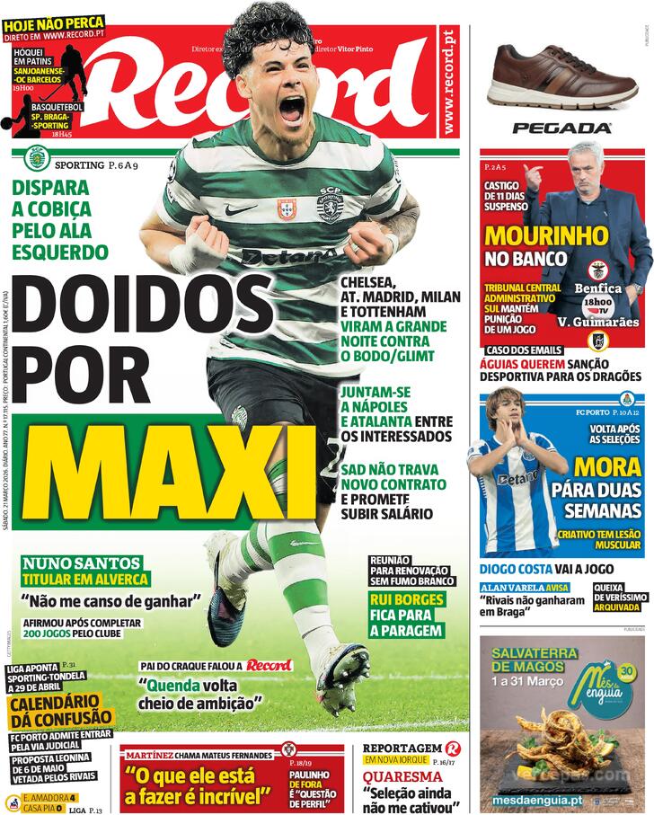 Capas dos jornais desportivos de 21 de Março de 2026 3 Capa - Record