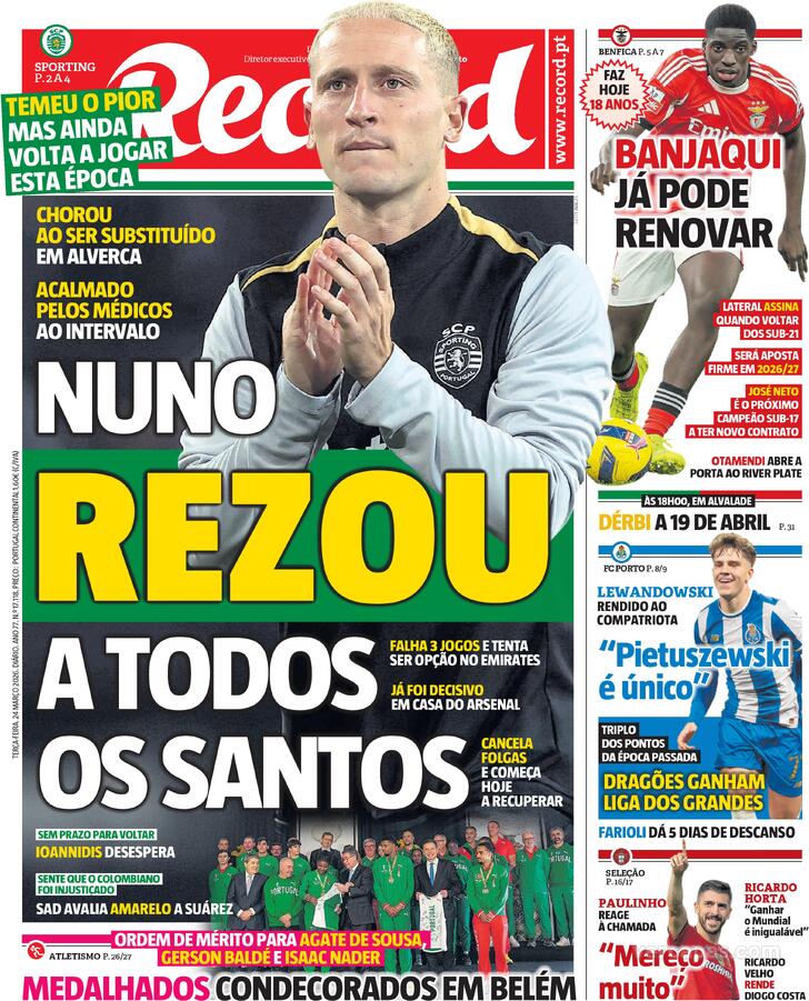 Capas dos jornais desportivos de 24 de Março de 2026 3 Capa - Record