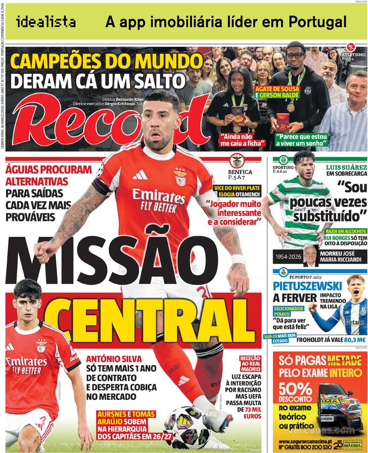 Capas dos jornais desportivos de 26 de Março de 2026 3 Capa - Record