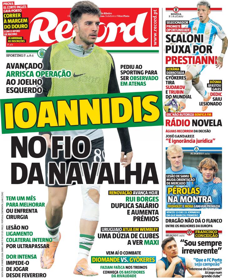 Capas dos jornais desportivos de 27 de Março de 2026 3 Capa - Record