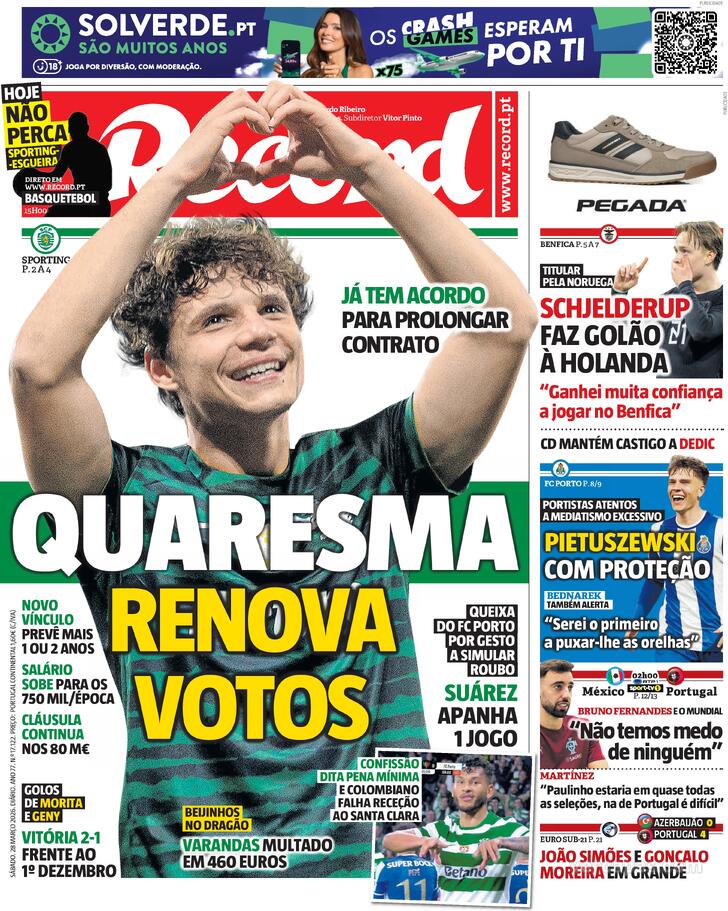 Capas dos jornais desportivos de 28 de Março de 2026 3 Capa - Record