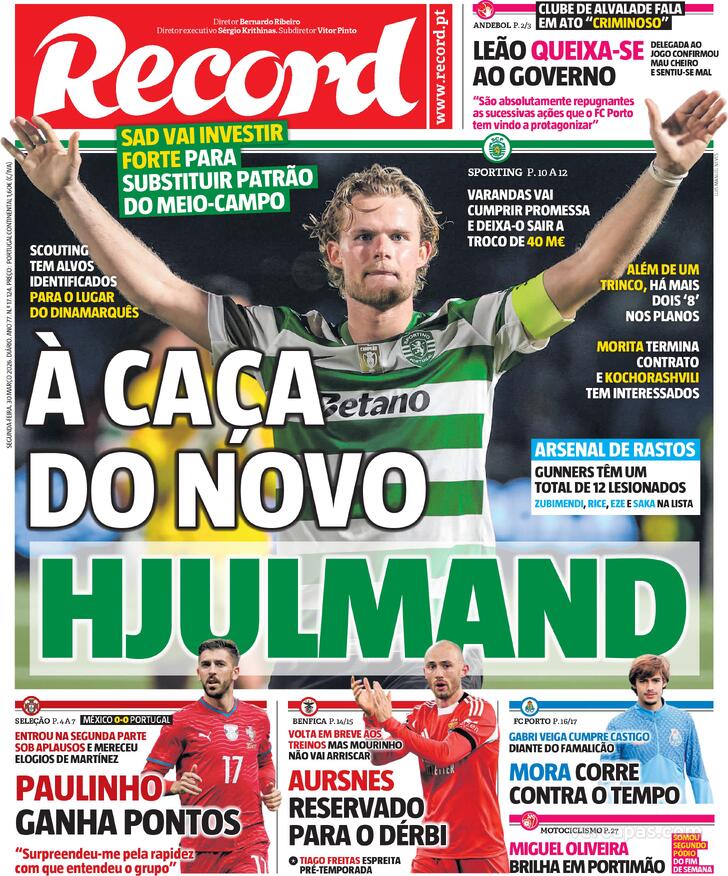 Capas dos jornais desportivos de 30 de Março de 2026 3 Capa - Record