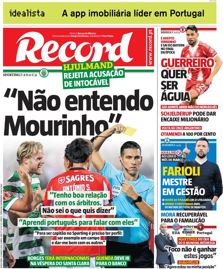 Capas dos jornais desportivos de 31 de Março de 2026 3 Capa - Record