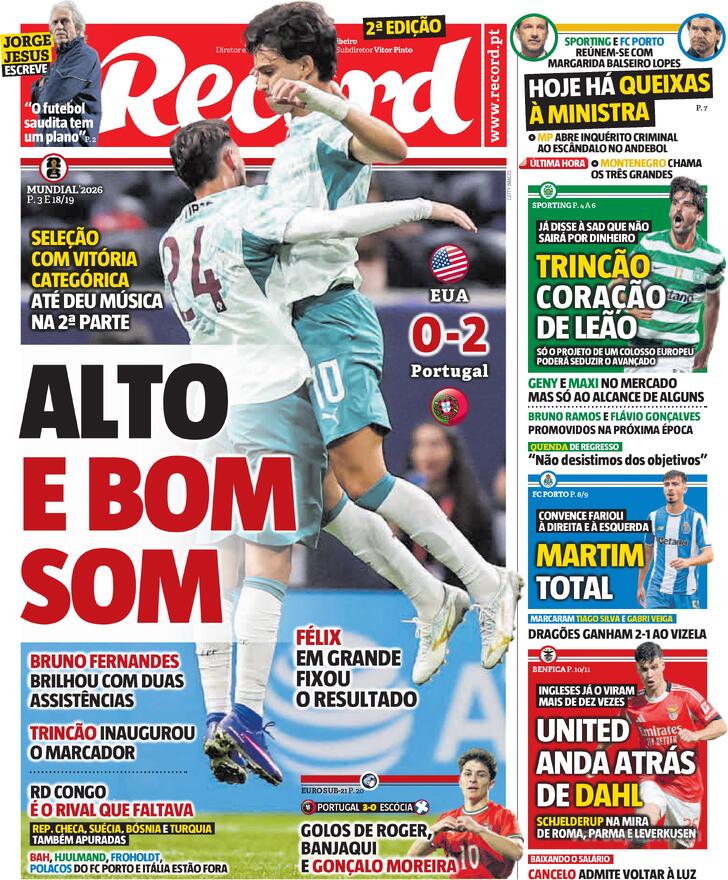 Capas dos jornais desportivos de 1 de Abril de 2026 3 Capa - Record