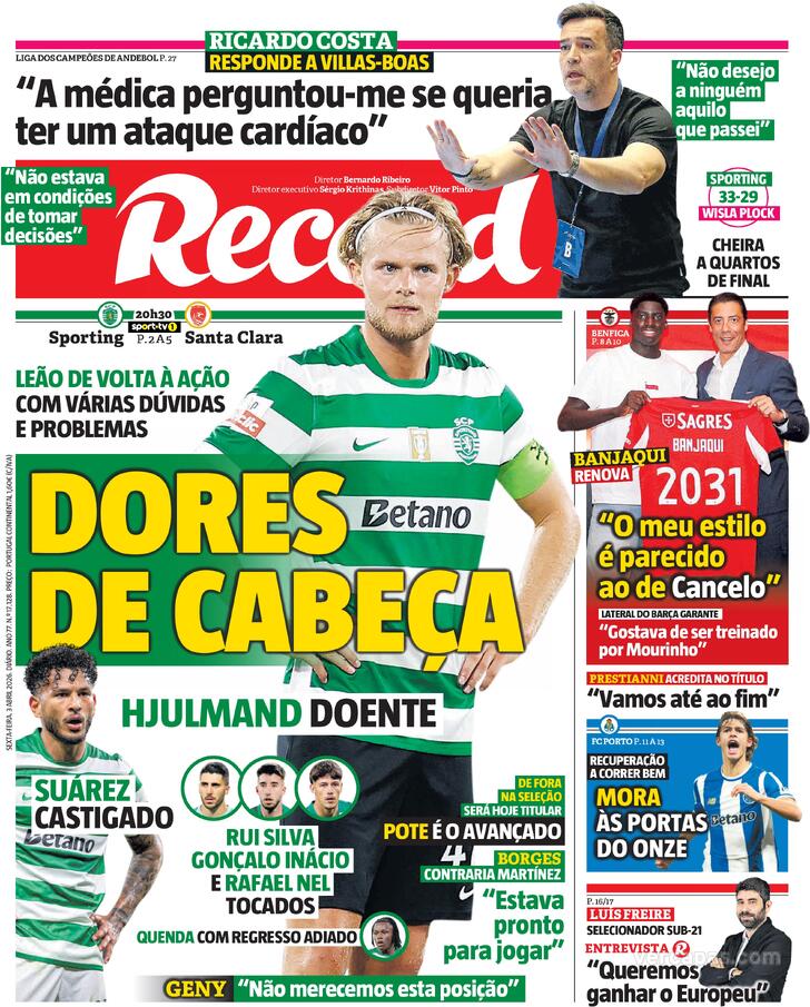 Capas dos jornais desportivos de 3 de Abril de 2026 3 Capa - Record