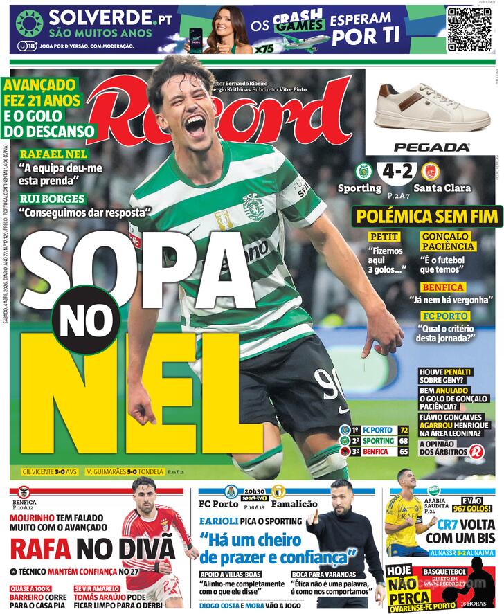 Capas dos jornais desportivos de 4 de Abril de 2026 3 Capa - Record