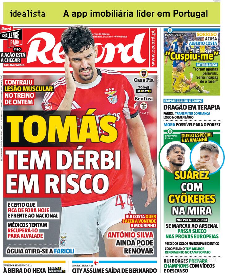 Capas dos jornais desportivos de 6 de Abril de 2026 3 Capa - Record