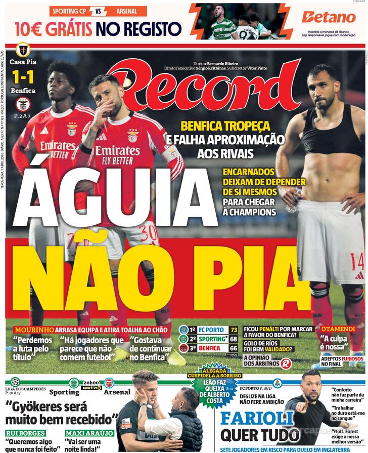 Capas dos jornais desportivos de 7 de Abril de 2026 3 Capa - Record