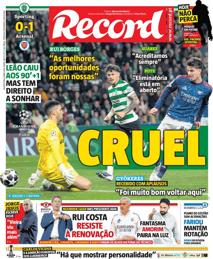 Capas dos jornais desportivos de 8 de Abril de 2026 3 Capa - Record