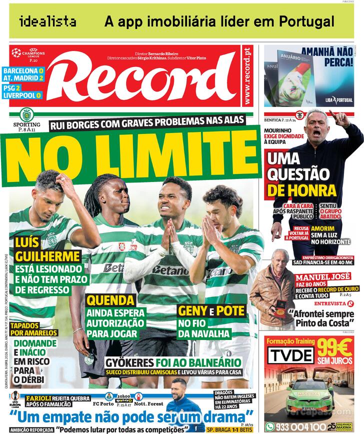Capas dos jornais desportivos de 9 de Abril de 2026 3 Capa - Jornal Record