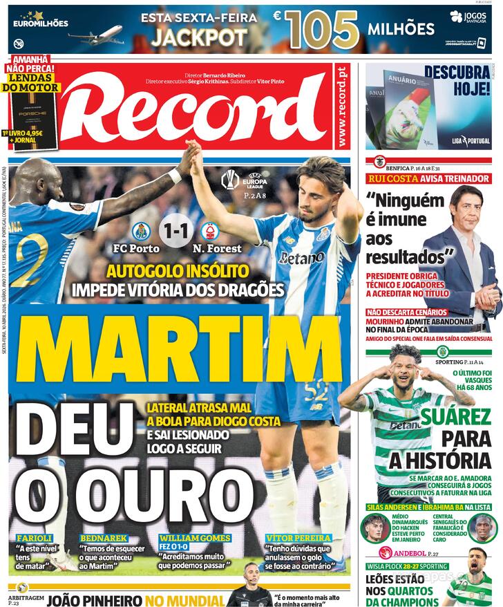 Capas dos jornais desportivos de 10 de Abril de 2026 3 Capa - Jornal Record