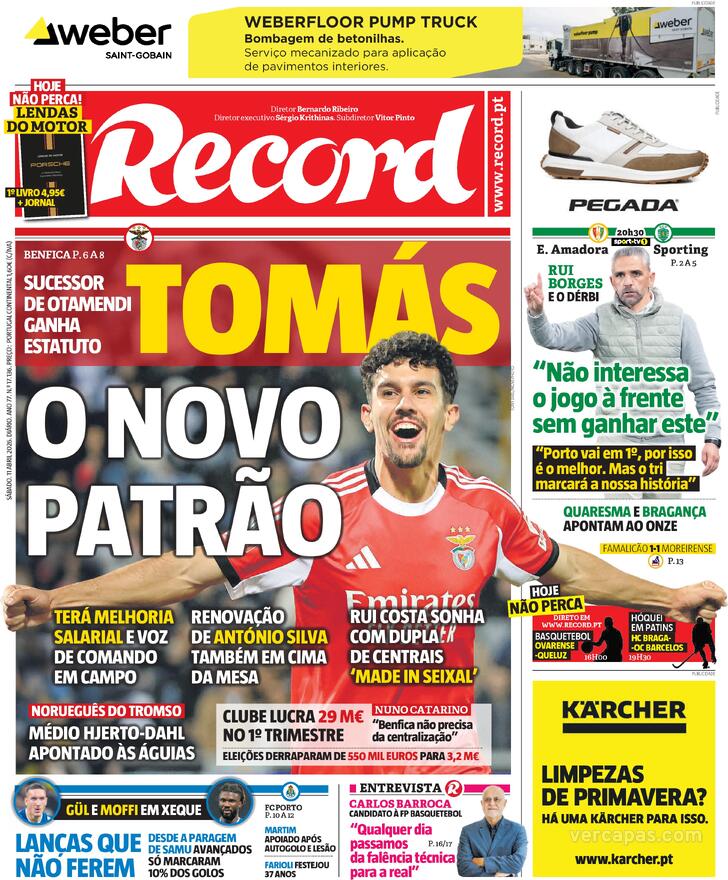Capas dos jornais desportivos de 11 de Abril de 2026 3 Capa - Jornal Record