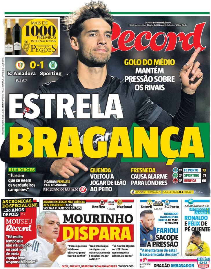 Capas dos jornais desportivos de 12 de Abril de 2026 3 Capa - Jornal Record