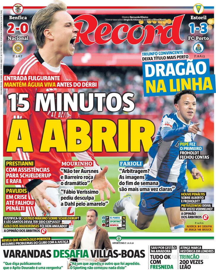 Capas dos jornais desportivos de 13 de Abril de 2026 3 Capa - Jornal Record
