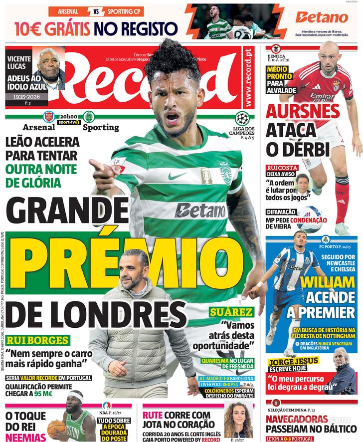 Capas dos jornais desportivos de 15 de Abril de 2026 3 Capa - Jornal Record
