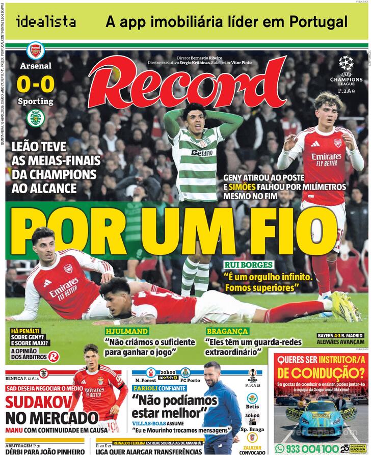 Capas dos jornais desportivos de 16 de Abril de 2026 3 Capa - Jornal Record