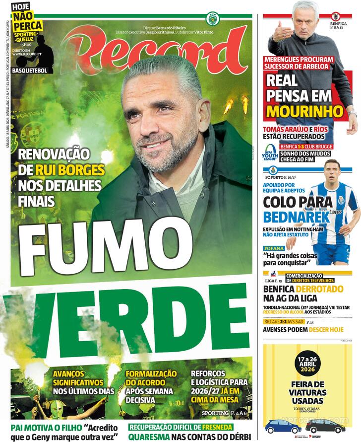Capas dos jornais desportivos de 18 de Abril de 2026 3 Capa - Jornal Record