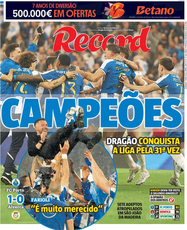 Capas dos jornais desportivos de 3 de Maio de 2026 3 Capa - Jornal Record