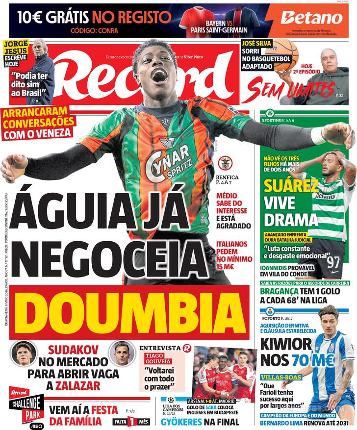 Capas dos jornais desportivos de 6 de Maio de 2026 3 Capa - Jornal Record