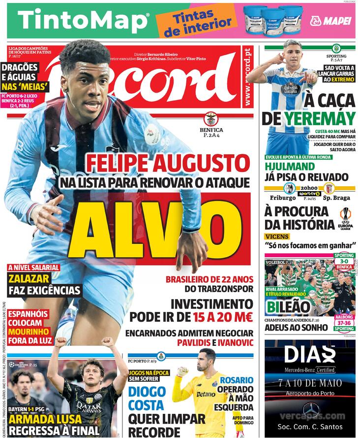 Capas dos jornais desportivos de 7 de Maio de 2026 3 Capa - Jornal Record